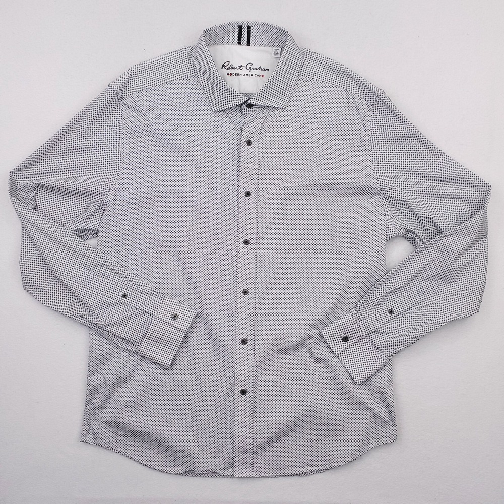 Robert Graham Shirt Mens XXL Gray White Micro Check Cross Slim Fit Darted Preppy